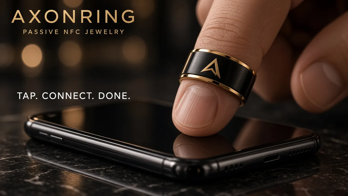 Black and gold AxonRing NFC ring near a smartphone, one-tap campaign concept