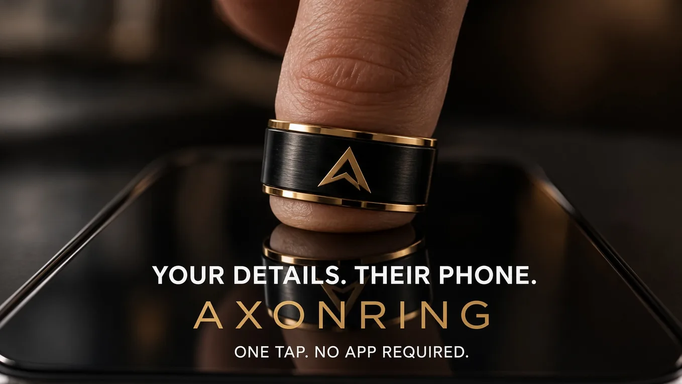 Close-up of black and gold AxonRing touching a smartphone