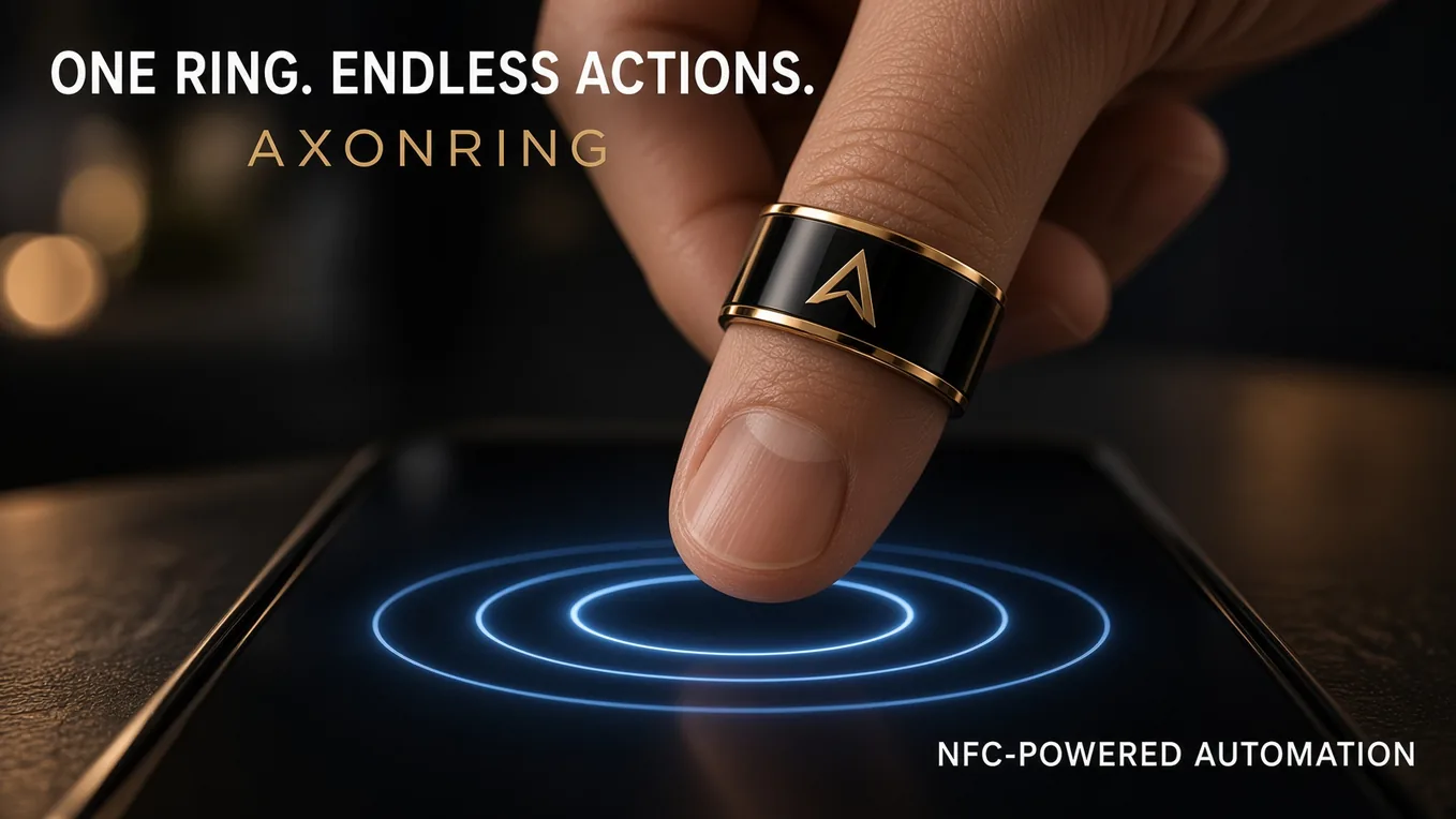 AxonRing ring above a smartphone with conceptual NFC signal illustration