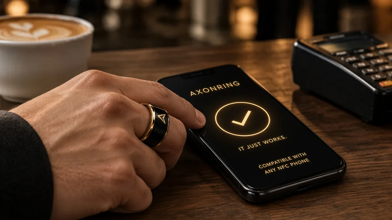 AxonRing wearer beside a smartphone showing a conceptual confirmation symbol