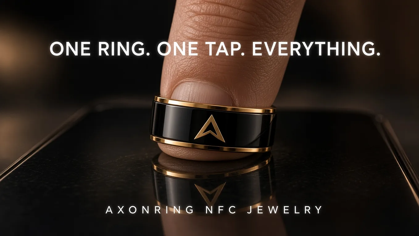 Close-up of brushed black AxonRing with gold trim and angular emblem