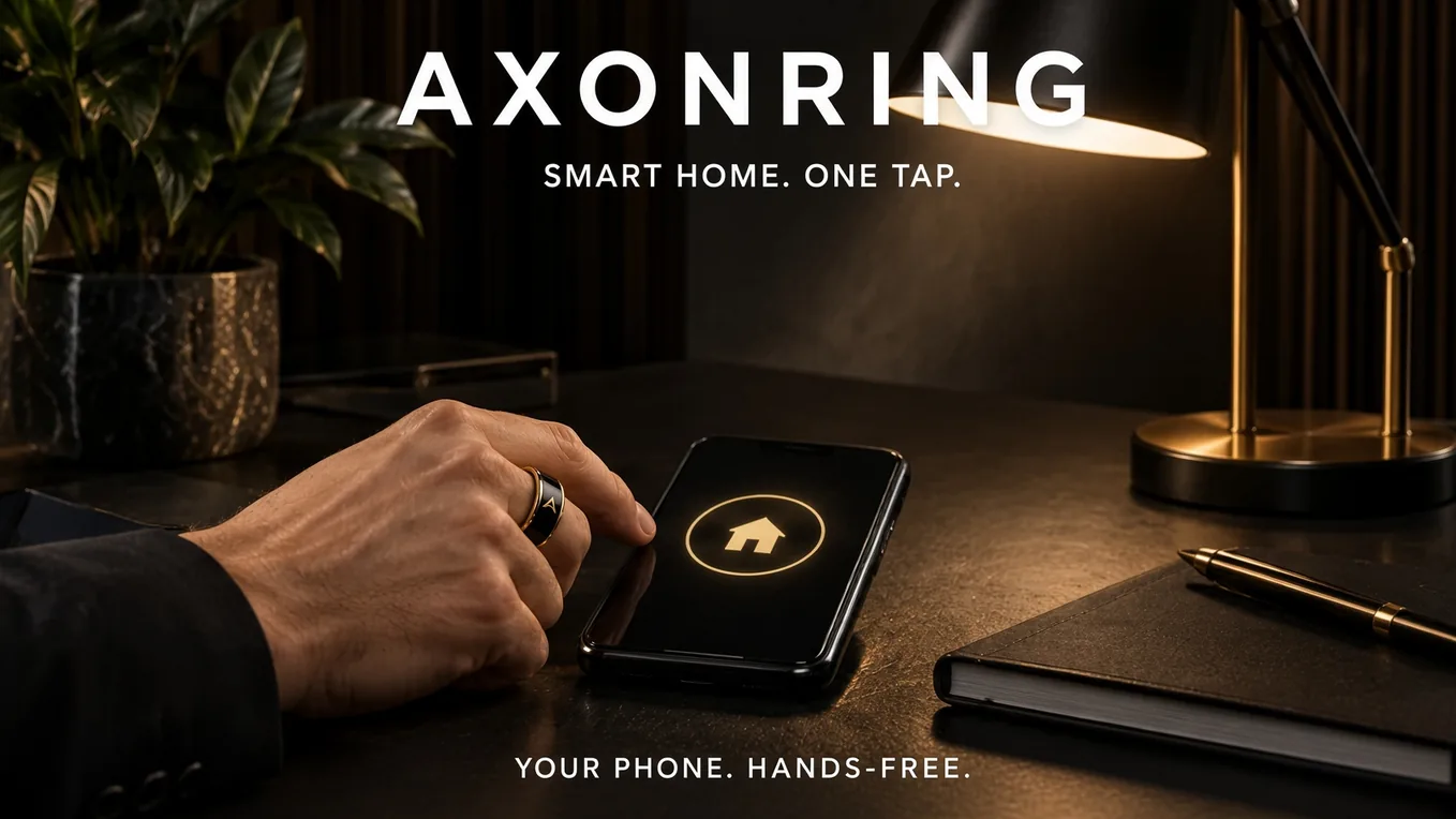 AxonRing near a phone displaying a conceptual smart-home icon