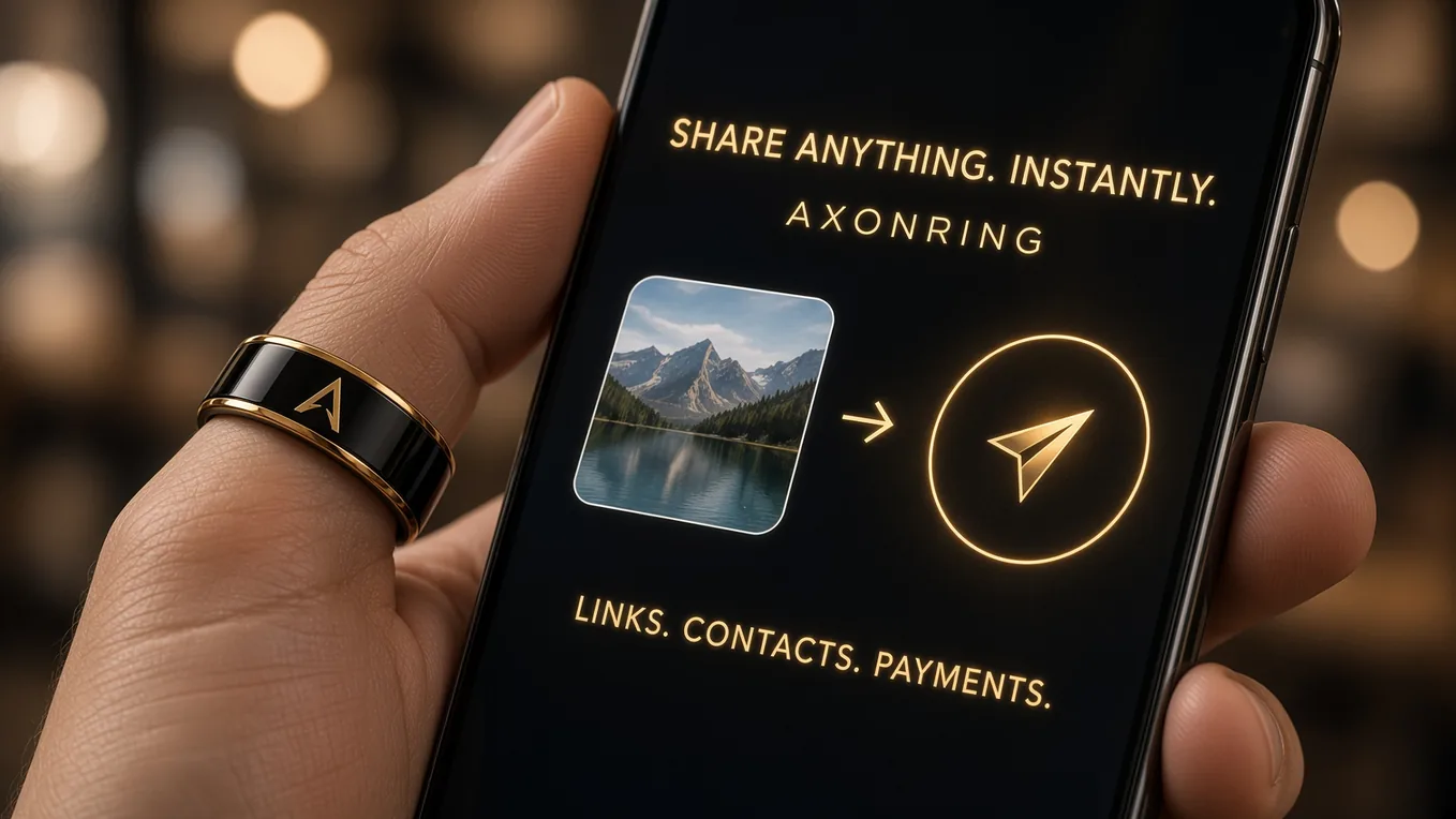 Smartphone displaying a conceptual image-sharing workflow
