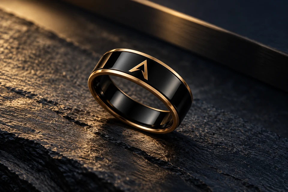 AxonRing black-and-gold design study photographed on textured charcoal stone