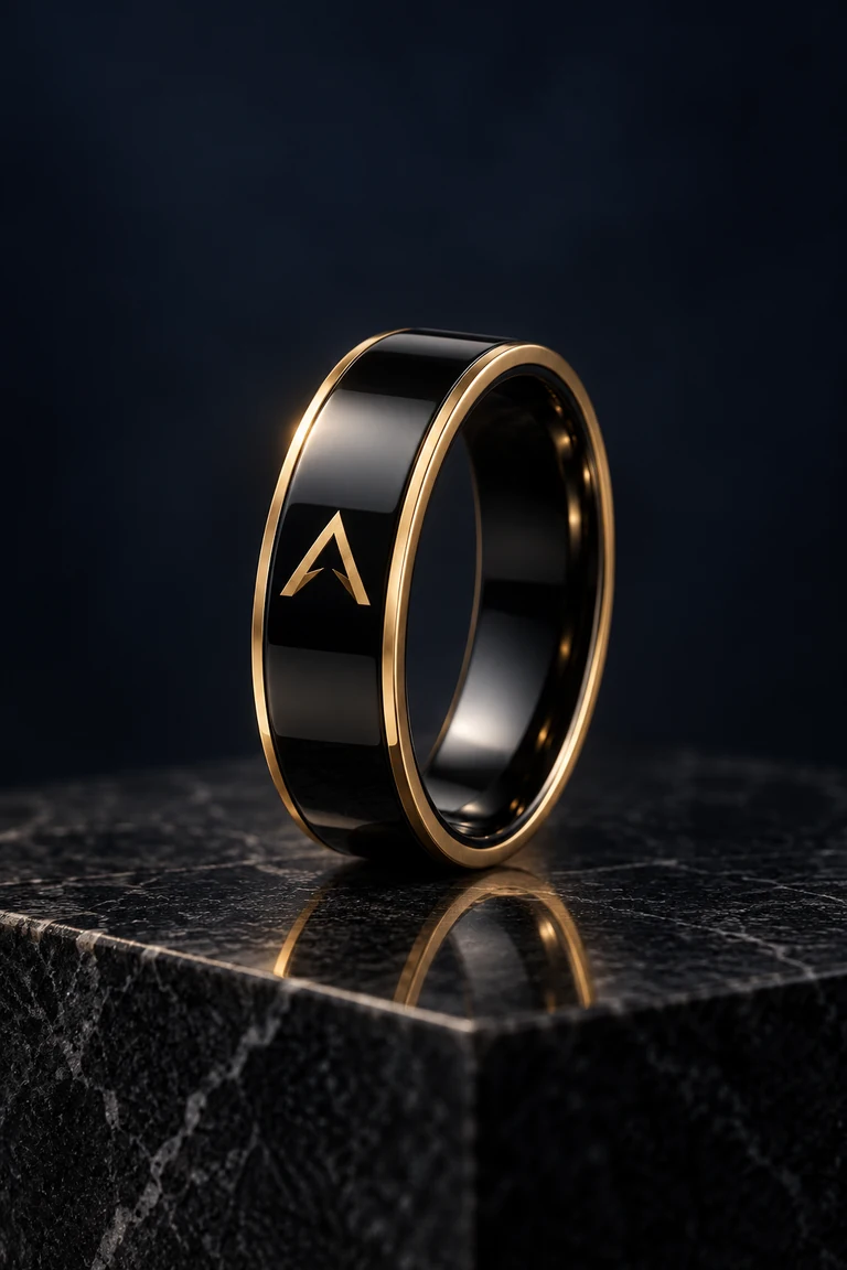 Black-and-gold AxonRing design study standing on a dark stone plinth