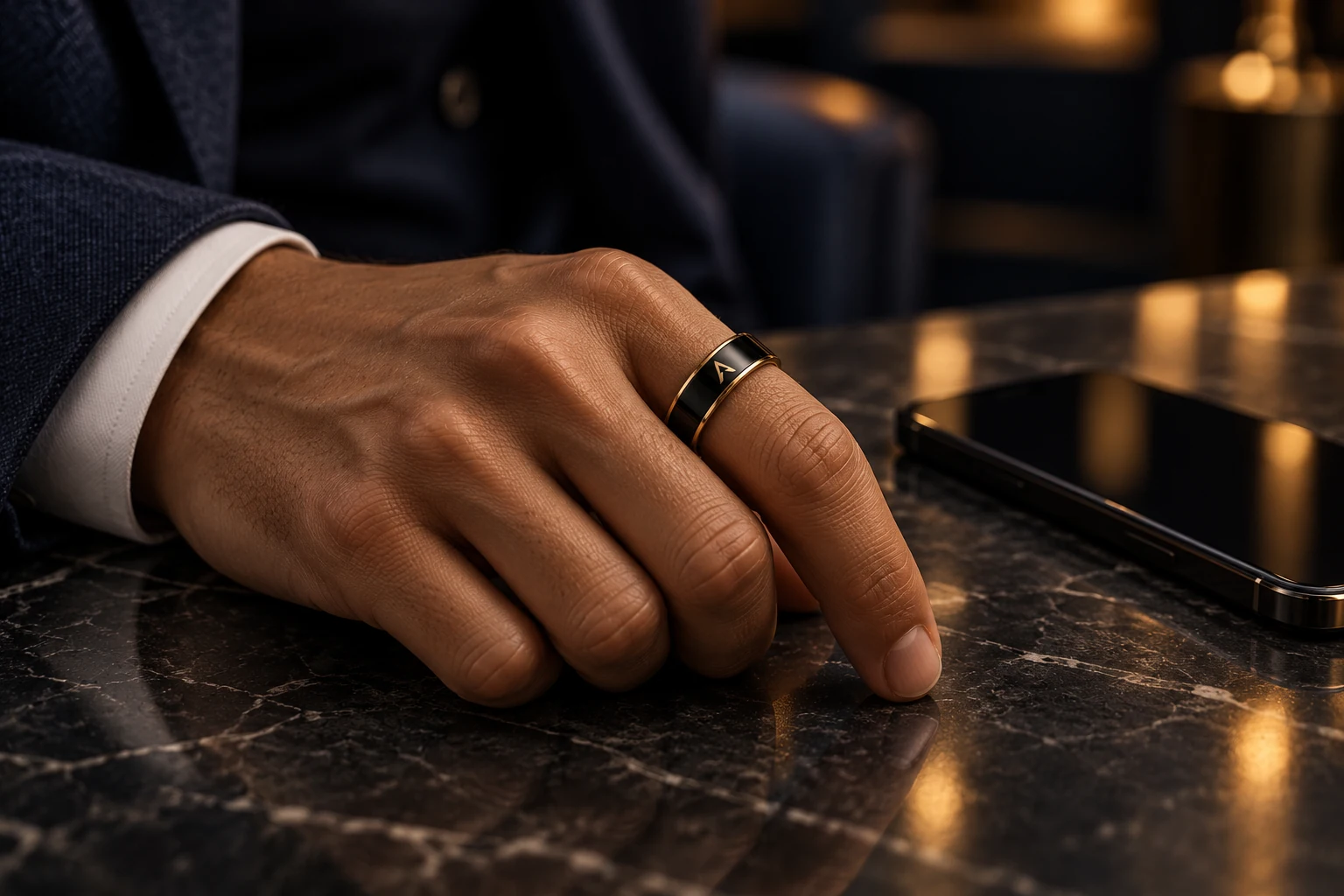 Luxury editorial concept: AxonRing with navy tailoring and a phone on dark marble